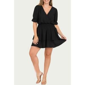 NEW BLUE LEOPARD smocked surplice woven mini dress in black